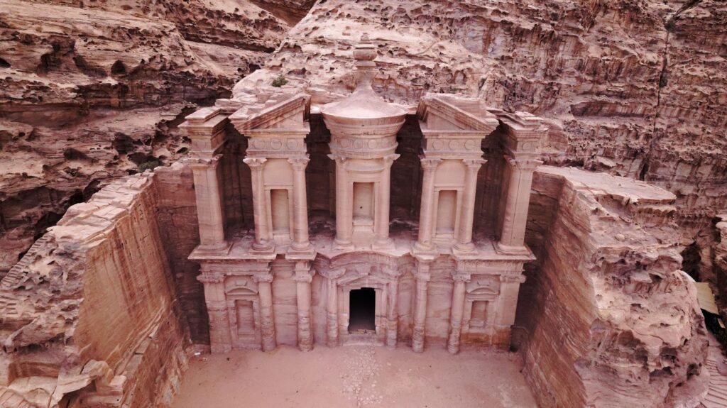 Aerial shot of the Treasury in Petra, most iconic landmarks in the world