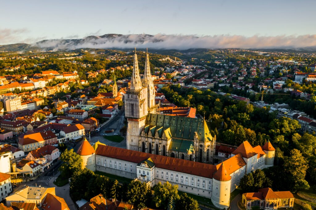 Aerial view of the Cathedral in Zagreb at sunrise. Croatia