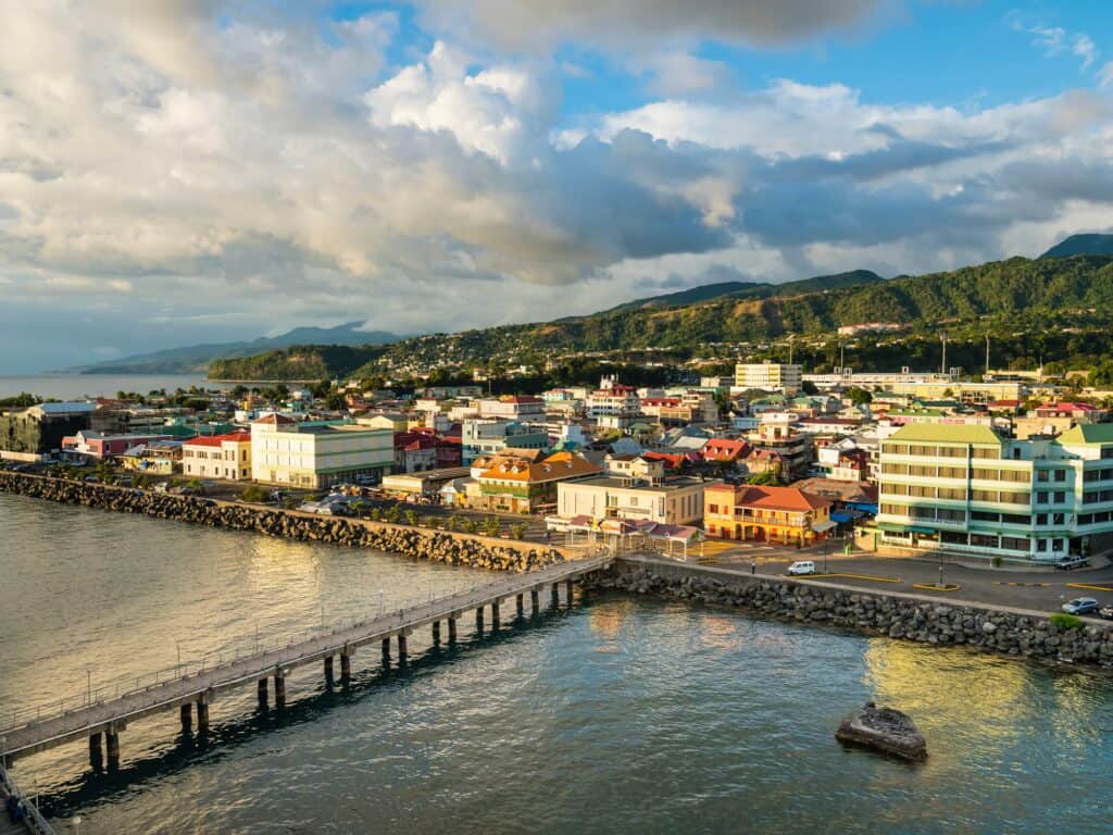 Caribbean, Antilles, Dominica, Roseau, View of the city at dusk