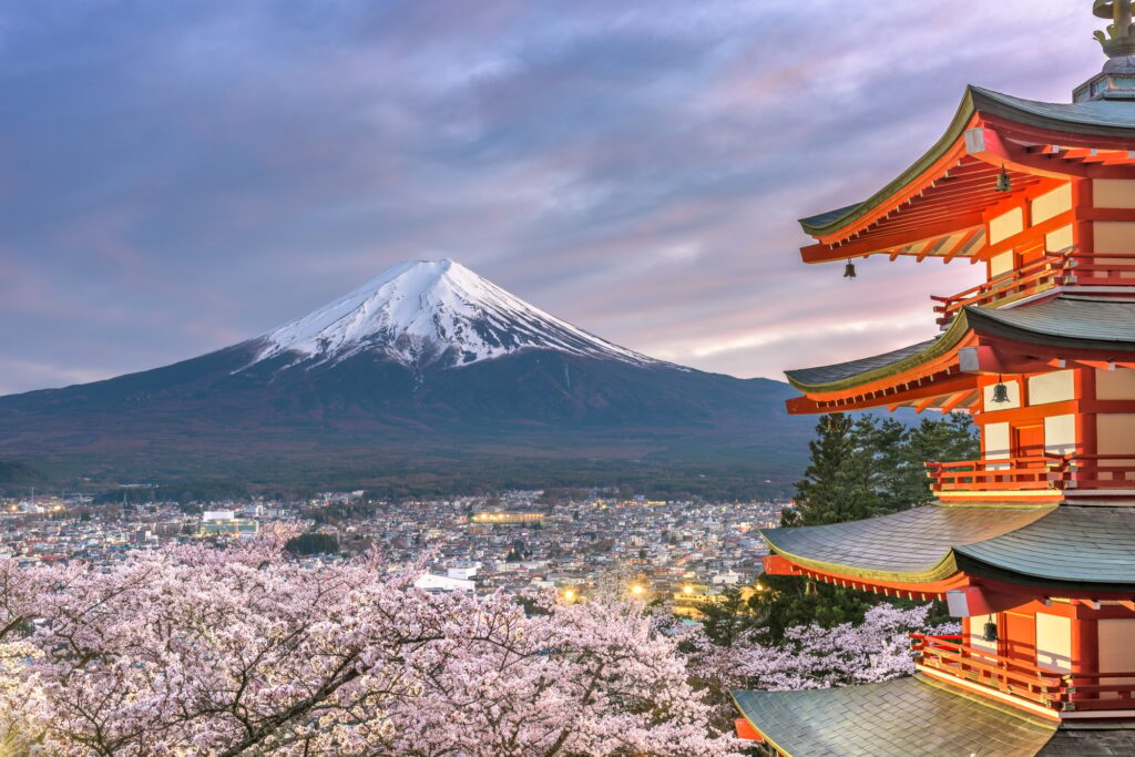 Fujiyoshida, Japan view of Mt. Fuji and Pagoda, most iconic landmarks in the world