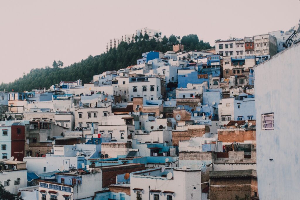 Old buildings and green trees on hill, chefchaouen