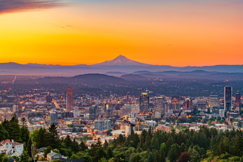 Portland, Oregon, USA downtown skyline with Mt. Hood, best places to visit in the usa