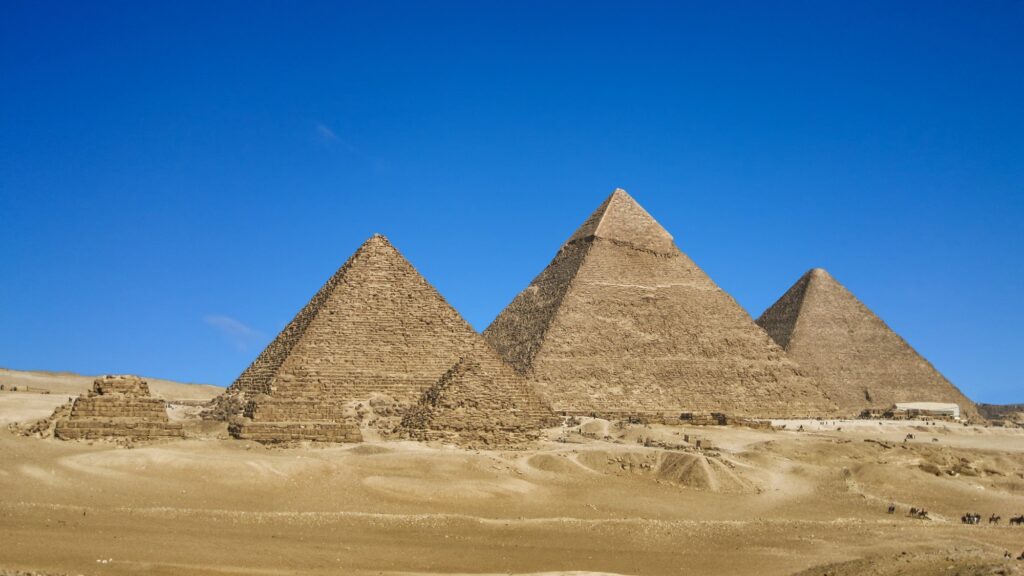 Pyramids of Giza (Pharaohs Khufu, Khafre and Menkaure), Giza, Cairo (Egypt), most iconic landmarks in the world