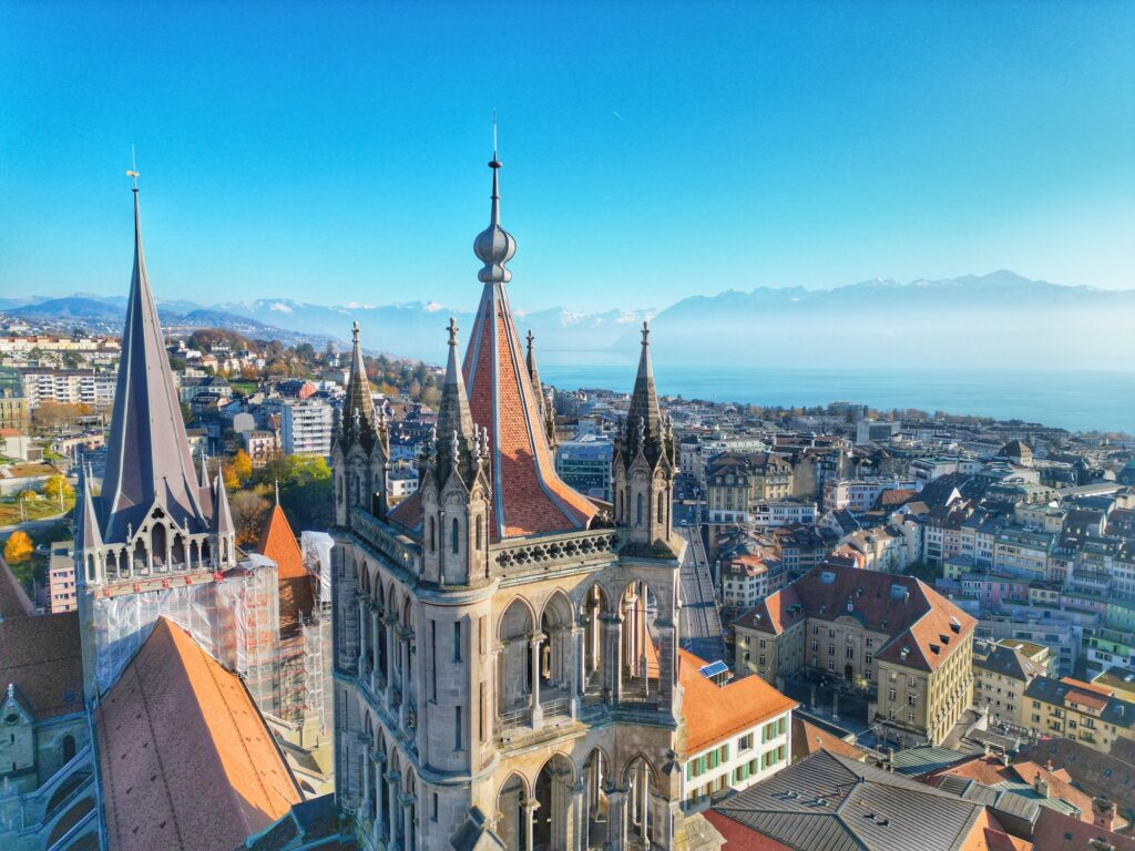 Aerial shot of the Lausanne Cathedral in Lausanne, Switzerland, best places to visit in Switzerland