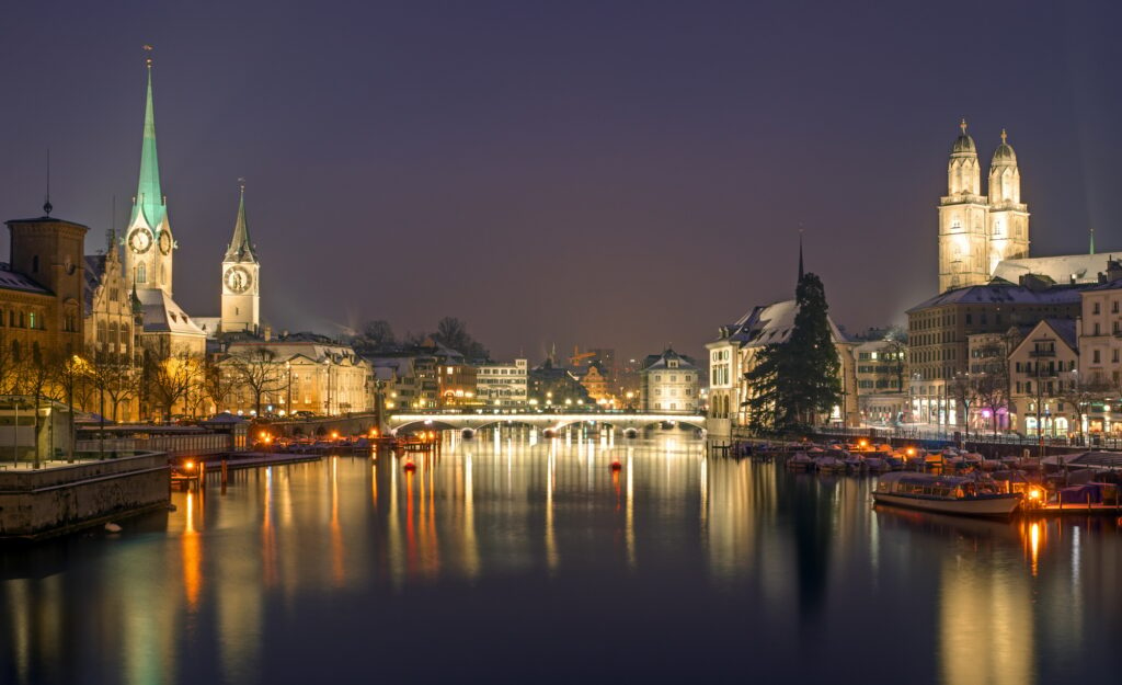 Panorama of Zurich at night, 