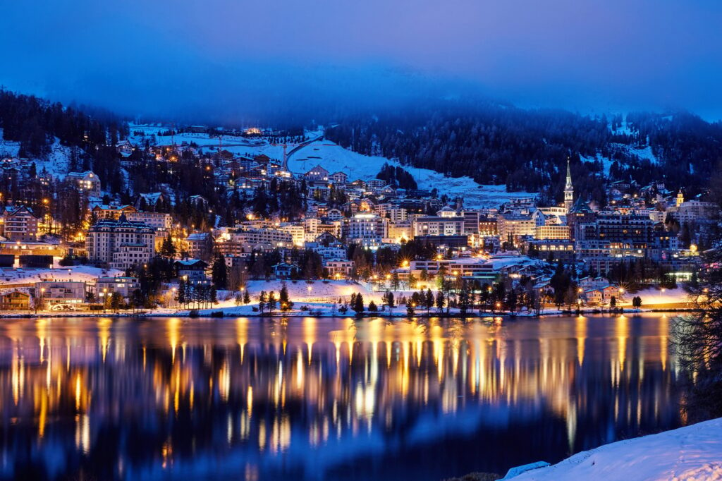 St. Moritz resort at night, best places to visit in Switzerland