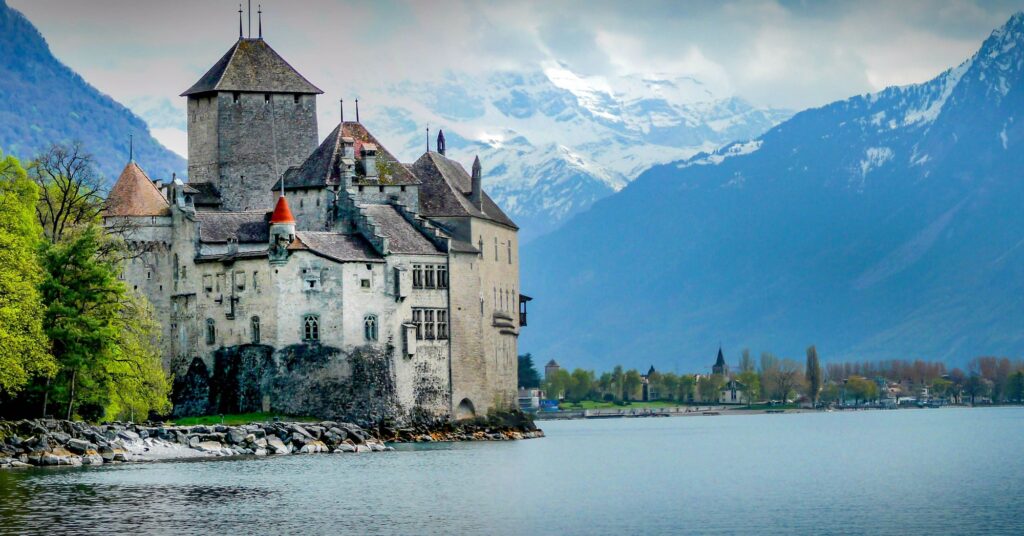 View of Chillon Castle on the shore of Lake Geneva. Montreux, Switzerland, best places to visit in Switzerland