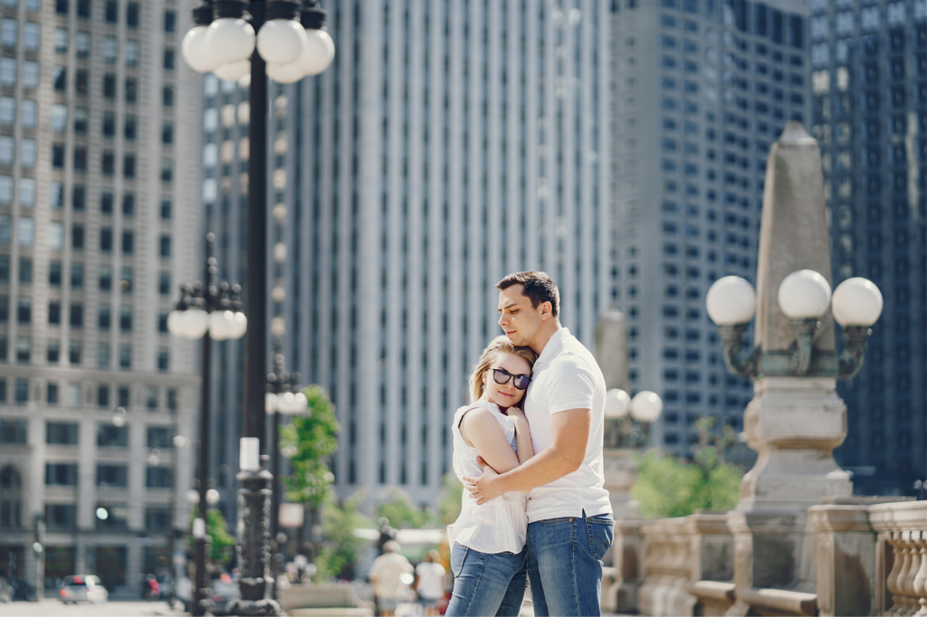 A couple in the city of Chicago, IL. Chicago is one of the best vacation spots for couples in the U.S. 