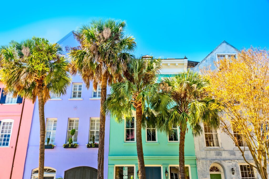 Colorful rainbow row houses in Charleston South Carolina.