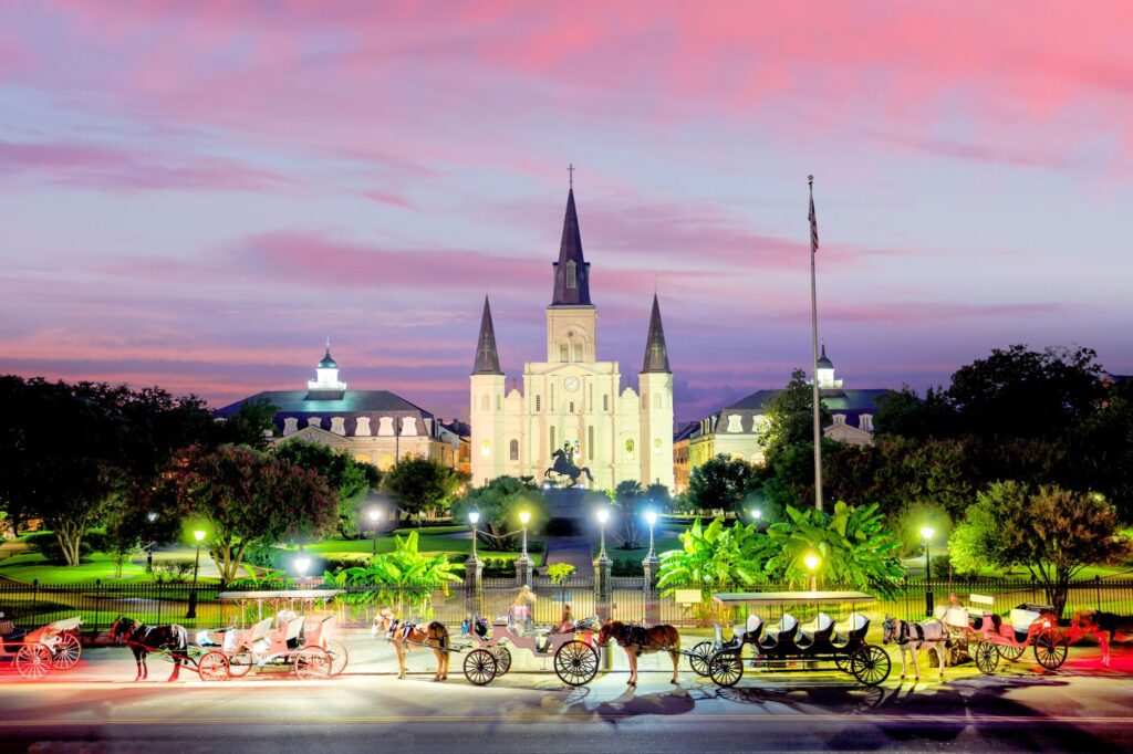 Saint Louis Cathedral and Jackson Square in New Orleans, LA. This is is one of the best vacation spots for couples in the U.S. 