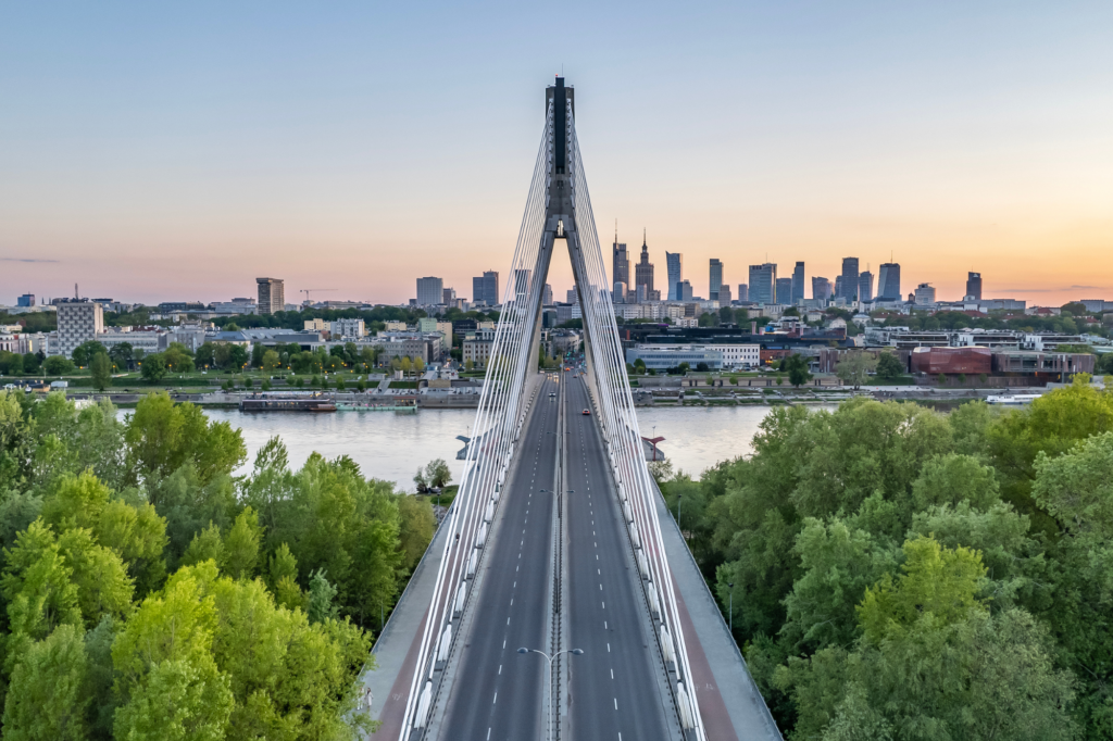 Bridge and city skyline in Warsaw, Poland.