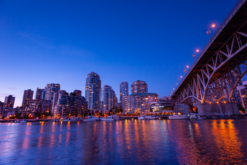 Vancouver, Canada city skyline at night. 