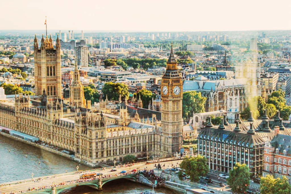 Aerial view of Big Ben and surrounding city landscape in London, England. London is one of the most vegan-friendly cities in the world.