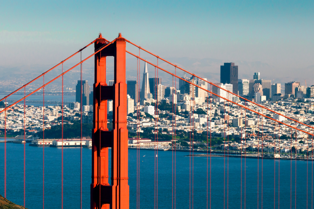 San Francisco, California Golden Gate Bridge and background of the city skyline.